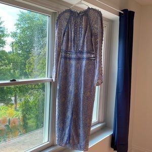 ASOS long sleeve geo lace lilac pencil midi dress